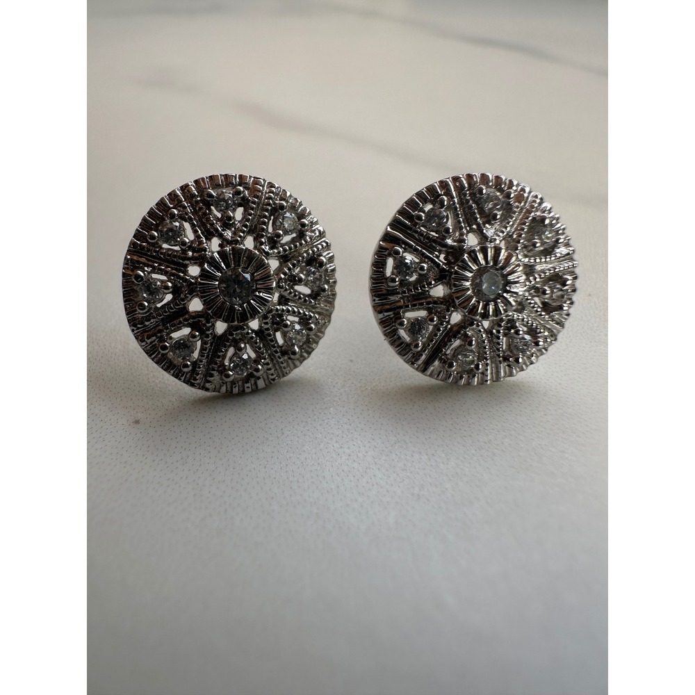 Sterling Silver Filigree Sunburst Stud Earrings Round Crystal Mandala 925